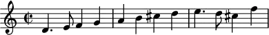 
\header {
  tagline = ##f
}

\score {
  \new Staff \with {

  }
<<
  \relative c' {
    \key c \major
    \time 2/2
    \override TupletBracket #'bracket-visibility = ##f 

     %%% f° 75v-76v
     d4. e8 f4 g a b cis d e4. d8 cis4 f

  }
>>
  \layout {
     \context { \Score \remove "Metronome_mark_engraver" }
  }
  \midi {}
}
