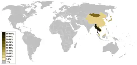 Les plus fortes concentrations se trouvent en Extrême orient ; le pourcentage est inférieur à 10 en Inde, Russie, Europe occidentale et Amérique du Nord.