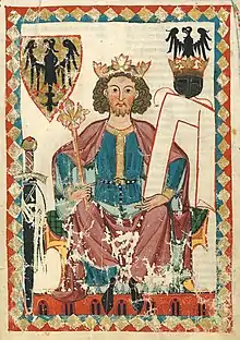 Portrait du souverain Henri VI en tenue impériale, assis sur son trône.