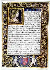 Une page d'un manuscrit comportant en haut à gauche un portrait de profil