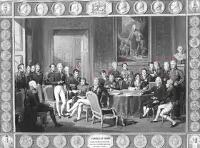 Le Congrès de Vienne par Jean Godefroy d'après l’œuvre de Jean-Baptiste Isabey(voir carte de l'Europe de Vienne)1 Arthur Wellesley 2 Joaquim Lobo da Silveira (en) 3 António de Saldanha da Gama (en) 4 Carl Löwenhielm 5 Louis Joseph Alexis de Noailles 6 Klemens Wenzel von Metternich 7 Frédéric-Séraphin de La Tour du Pin Gouvernet 8 Karl Robert von Nesselrode 9 Pedro de Sousa Holstein 10 Castlereagh 11 Emmerich Joseph von Dalberg 12 Johann von Wessenberg 13 Andreï Razoumovski 14 Charles Vane 15 Pedro Gómez Labrador 16 Richard Trench 17 :Nikolaus von Wacken (de) 18 Friedrich von Gentz 19 Wilhelm von Humboldt 20 William Cathcart 21 Karl August von Hardenberg 22 Talleyrand 23 Gustav Ernst von Stackelberg.