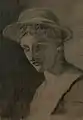 Dessin sombre d'une tête d'homme jeune en buste de trois-quart face, cheveux bouclés avec un chapeau