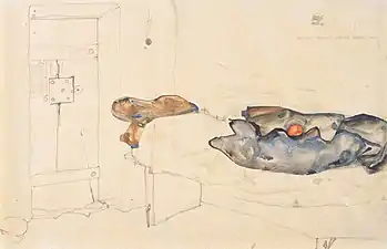 Dessin d'une porte close et d'un lit où sont coloriés l'oreiller, la couverture et une orange posée dessus