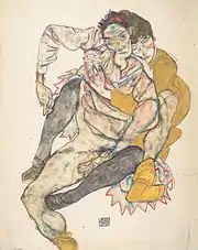 Dessin avec quelques couleurs d'un couple assis à demi-dévêtu, l'homme devant, la femme accrochée à son dos
